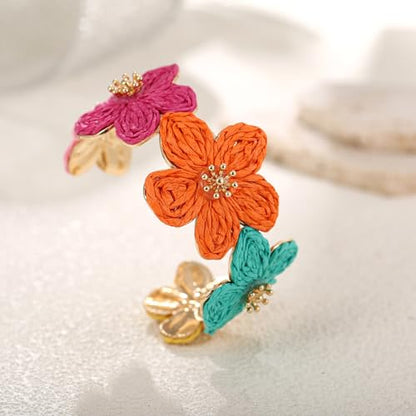 RUOFFETA Raffia Flower Cuff Bracelet for Women, Floral Chunky Bangle Wide Open Cuff Statement Bracelet - color: Colorful