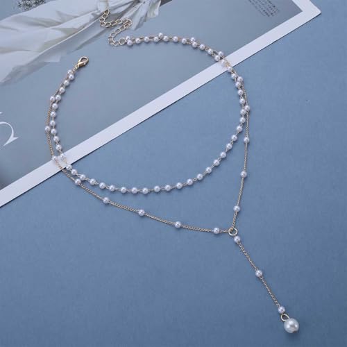 Boho Pearl Y Lariat Necklace Gold Pearl Y Necklace Layered Pearl Choker Necklace Wedding Pearl Pendant Necklace Long Pearl Drop Necklace Jewelry for Women