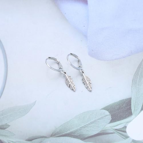 Feather Hoop Dangle Earrings Silver Huggie Hoop Earrings Small Feather Leaf Drop Earring Vintage Metal Tiny Leaf Earring Jewelry for Women