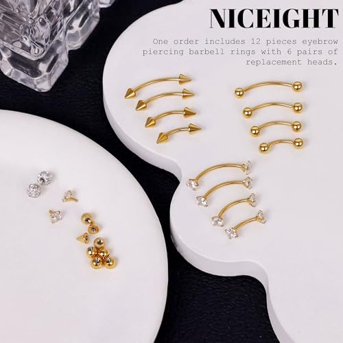 NICEIGHT 12Pcs 16G 18G Surgical Steel Eyebrow Piercing Jewelry for Women Men Small Curved Barbell Rings Vertical Labret Lip Jewelry Ear Rook Helix Daith Ring 6-12MM with 12Pcs Replacement Balls - color: Gold, size: 16G