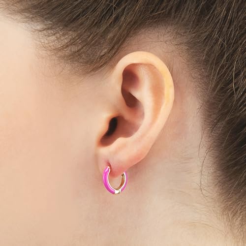 14K Gold Plated Sterling Silver Enamel Color Huggie Hoop Earrings for Women – Wide Range of Vibrant Color Options Available - color: Neon 3pc Bundle