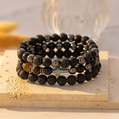 Mens Bead Bracelet Set - Adjustable Elastic Rope With 6&8MM Natural Stone Multi-Colored Beads - Tiger Eye Bracelets for Men - Gift - style: 3,Lave beads,Cross,Black bracelet