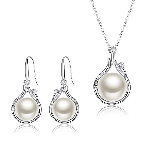 EleQueen 925 Sterling Silver CZ Freshwater Cultured Pearls Bridal Pendant Necklace Earrings Wedding Jewelry Sets, Valentine's Day/Mother's Day/Christmas Gift - style: Pearl Necklace Drop Earrings