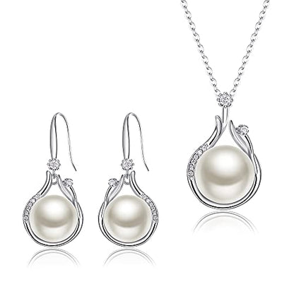 EleQueen 925 Sterling Silver CZ Freshwater Cultured Pearls Bridal Pendant Necklace Earrings Wedding Jewelry Sets, Valentine's Day/Mother's Day/Christmas Gift - style: Pearl Necklace Drop Earrings