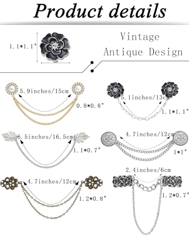 Vintage Sweater Shawl Clip Chain Antique Retro Cardigan Dress Cloak Collar Lapel Brooch Pin With Hanging Chain Rose Flower Leaf Pearl CZ Shirt Suit Holder Clasp Accessories Gift for Women Men