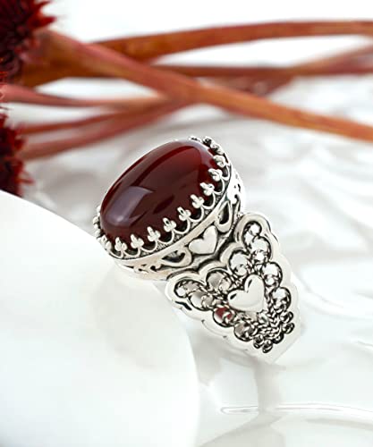 Filigranist 925 Sterling Silver Handcrafted Filigre Art Double Heart Detailed Women Cocktail Ring with Gemstones - color: Carnelian