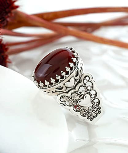 Filigranist 925 Sterling Silver Handcrafted Filigre Art Double Heart Detailed Women Cocktail Ring with Gemstones - color: Carnelian