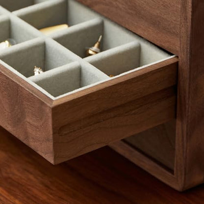 Wooden Jewelry Box, Large, Black Walnut Wood | For Women & Men, Velvet Lined Organizer, 3 Drawers, Brass Handles, Earring Ring Necklace Storage - size: 3 drawers
