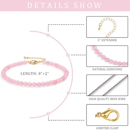 Natural Stone Beaded Anklets for Women, Handmade Boho Clear Quartz 4mm Crystal Beads Anklet, Gold Chain Adjustable Ankles Bracelet, Beach Summer Jewelry Gemstone Foot Bracelet Gift - color: Rose Quartz