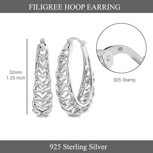 LeCalla 925 Sterling Silver Hoop Earrings | Women's Filigree Hoop Earrings | Openwork Mesh Filigree Cut Earring | Lightweight & Hypoallergenic Vintage Hoop Earrings for Women - style: Silver / Oval Heart Filigree