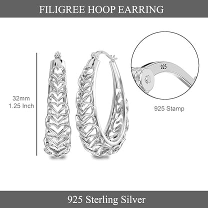 LeCalla 925 Sterling Silver Hoop Earrings | Women's Filigree Hoop Earrings | Openwork Mesh Filigree Cut Earring | Lightweight & Hypoallergenic Vintage Hoop Earrings for Women - style: Silver / Oval Heart Filigree