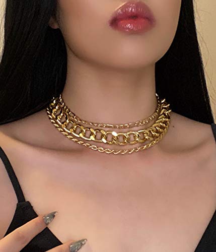 Aimimier 3Pcs Punk Cuban Link Chain Choker Necklace Twist Rope Necklace Chunky Figaro Chain Prom Party Festival Accessory for Women - color: Gold