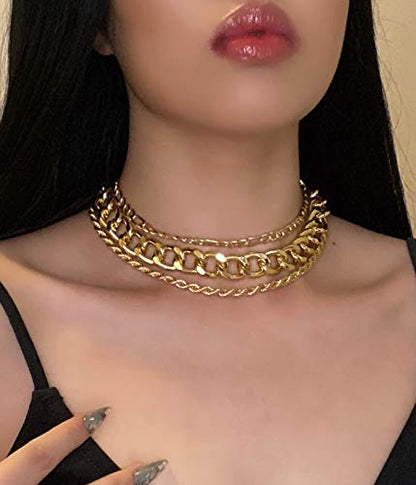 Aimimier 3Pcs Punk Cuban Link Chain Choker Necklace Twist Rope Necklace Chunky Figaro Chain Prom Party Festival Accessory for Women - color: Gold