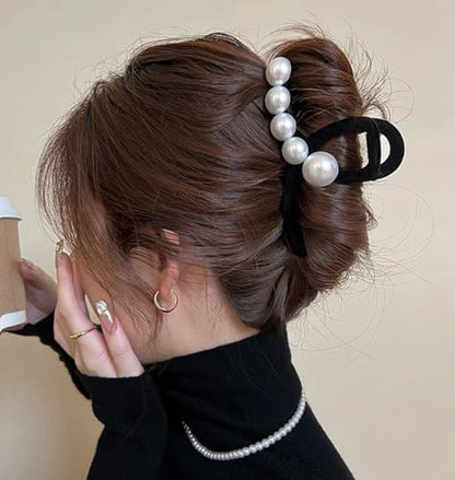 Jumwrit Large Pearl Hair Claw Clip Strong Hold Hair Jaw Clip Soft Black Velvet Hair Clamp Barrette Fashion Hair Styling Accessories for Women and Girls