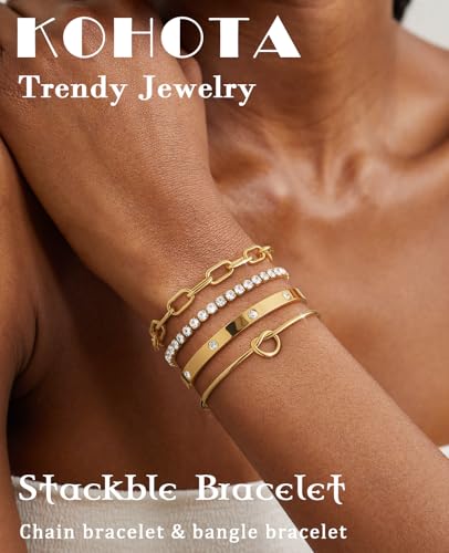 KOHOTA Chunky Gold Bracelets for Women Non Tarnish 14K Gold Plated Cuff Bracelet Stack Trendy Love Bangle Bracelets Stackable Tennis Bracelet Set Tie Knot Cuban Paperclip Figaro Chain Jewelry Gifts - color: D.Tie knot bangle