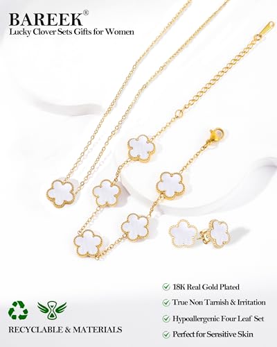 Clover Jewelry Set 3 PC - 18K Gold Plated Stainless Steel Y Necklace Four Leaf Pendant, Clover Link Bracelet Charm, Flower Earrings, Hypoallergenic Non-Tarnish,Simple Luxury Lucky Gifts for Women - color: White