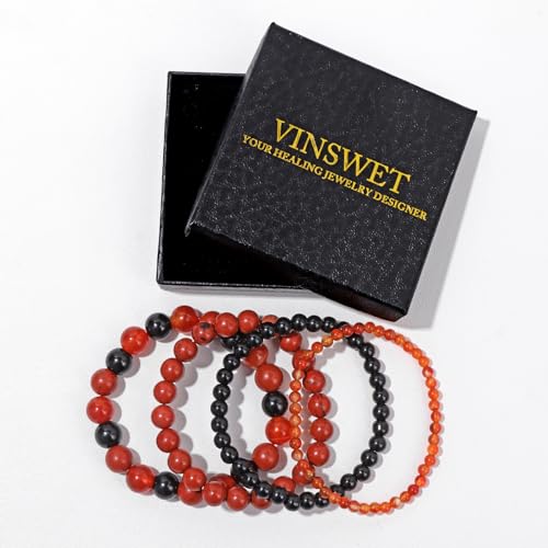 Vinswet 4pcs Beaded Bracelets for Women,Natural Healing Crystal Gemstones Bracelet,Anxiety Stress Relief Bracelet Handmade purple Jewelry Gifts for Women - color: Red agate&Black obsidian&Red Jasper