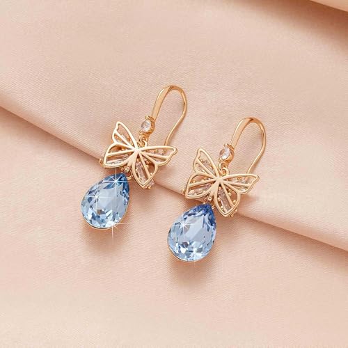 Austrian Crystal Teardrop Butterfly Drop Dangle Earrings for Women 14K Rose Gold Plated Hypoallergenic Jewelry - color: Light Blue