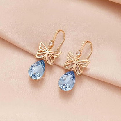Austrian Crystal Teardrop Butterfly Drop Dangle Earrings for Women 14K Rose Gold Plated Hypoallergenic Jewelry - color: Light Blue