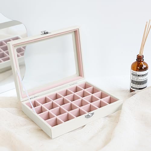 Wudygirl 24 Grid Earring Organizer Small Jewelry Box with Lid WhitePink | Ring Box with Adjustable Dividers, Velvet Lining, Ideal for Rings, Earrings, Jewelry Display, Gift Giving - style: White Pink 24 Grid