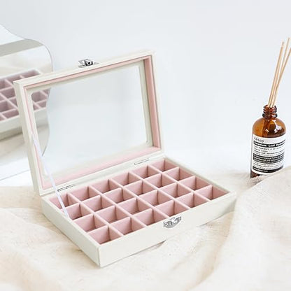 Wudygirl 24 Grid Earring Organizer Small Jewelry Box with Lid WhitePink | Ring Box with Adjustable Dividers, Velvet Lining, Ideal for Rings, Earrings, Jewelry Display, Gift Giving - style: White Pink 24 Grid