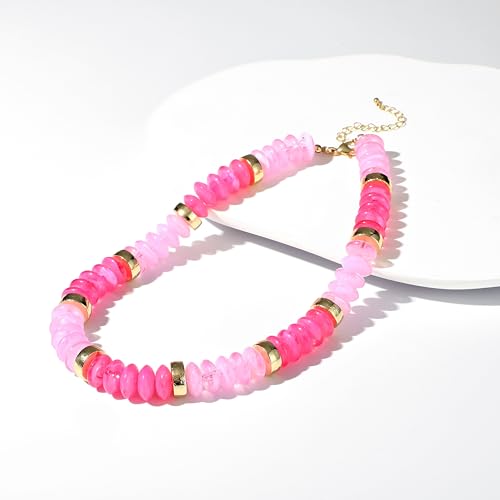 RISHEGAE Chunky Beaded Necklace for Women Boho Resin Beaded Choker Necklace Adjustable Surfer Beach Strand Necklaces Gold Handmade Acrylic Beads Jewelry Gift for Women - color: Style 1pink