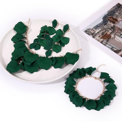 MOLOCH Flower Jewelry Sets for Women Rose Flower Petal Necklace Earrings Bracelets Set Layered Statement Accessories Summer Beach Party Jewelry Gifts - color: Green