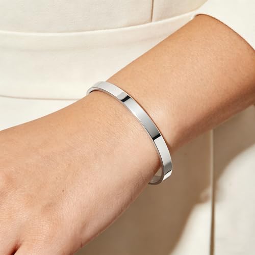 Waterproof Gold Bangle Bracelet sets for Women, 18K Gold PVD Plated Stainless Steel Stackable Bracelets Non Tarnish Oval Design, Minimalist Trendy Premium Jewelry - color: Silver