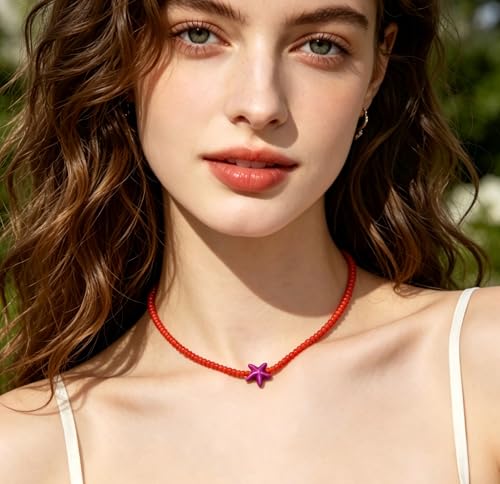Seed Bead Choker Necklace for Women Bohemian Tiny Beads Choker Colorful Rice Bead Starfish Choker Summer Surfer Beach Necklace Jewelry Gift - color: Orange