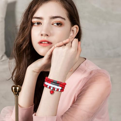 GOOJIDS Surfer Heishi Clay Bead Bracelets for Women Bohemian Stackable Gold Plated Beaded Stretch Bracelets Elastic Layering Friendship Bracelets Set Boho Jewelry - color: A-Red Heart Bracelet