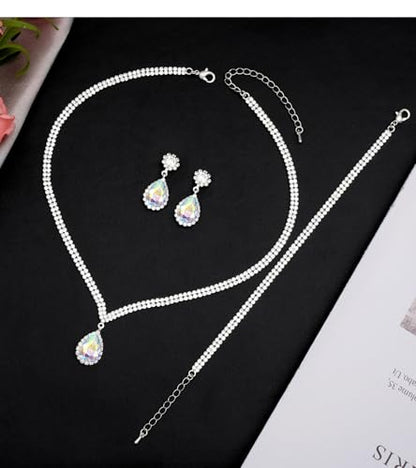Elegant Silver Crystal Wedding Necklace Earrings Bracelet Jewelry Set for Women Brides Bridesmaids Prom Party Costume Accessory Bridal Jewelry - color: silver-iridescent AB