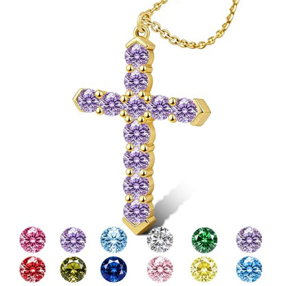 Cross Necklace for Women, Silver Cross Pendant Necklaces | 14K Gold Plated, Dainty CZ Cross Necklace, Non Tarnish and Hypoallergenic Jewelry for Women, Christian Religious Faith Gifts - color: 04-Gold-Purple