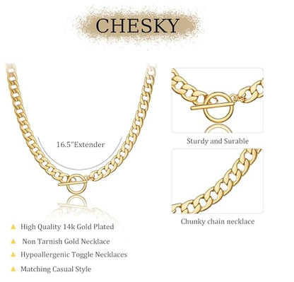 CHESKY 14K Gold Plated Chunky Necklace for Women, Trendy Toggle Clasp | Statement Pendant Necklace, Layered Paperclip Chain, Toggle Clasp Design, Thick Gold Chain, Non Tarnish Everyday Jewelry - color: gold, style: cuban