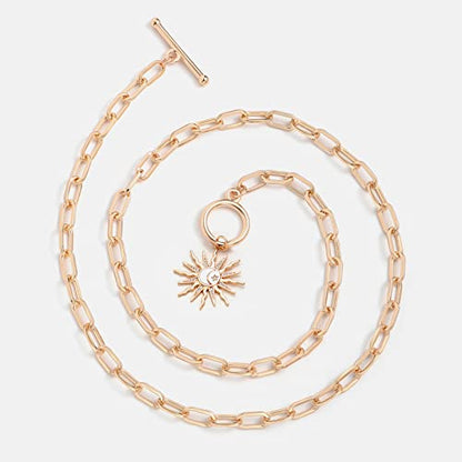 DoreenBeads 18K Gold Sun Moon Star Compass Pendant Necklace | Chunky Toggle Paperclip Chain Necklace with Heart Daisy Bee Charms for Women Girls 20 Inches - color: Sun