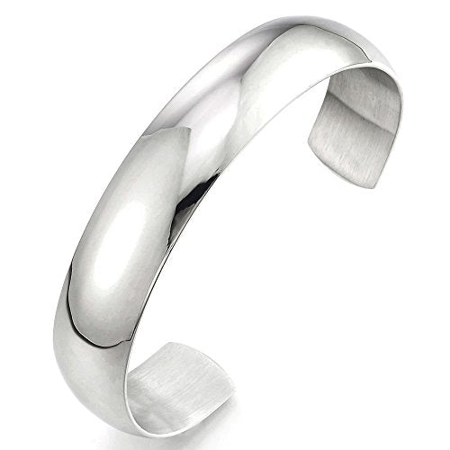COOLSTEELANDBEYOND 18CM Minimalist Stainless Steel Cuff Bangle Bracelet for Men Women Silver Color Polished, Adjustable