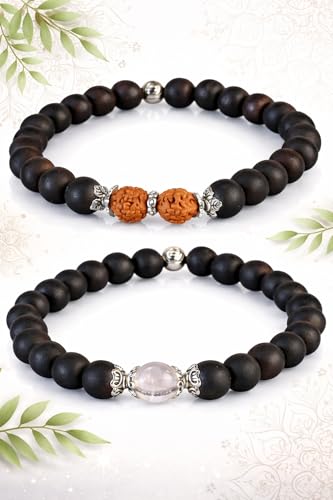 Avoirr 2 Bracelet Set – 8mm Karungali/Ebonywood with Clear Quartz Beads-Rudraksha & Karungali Bracelet | Handcrafted Spiritual Meditation Bracelet | Traditional Energy Balance & Protection Beads | Unisex – Handmade Natural Wooden & Crystal Bracelets for M