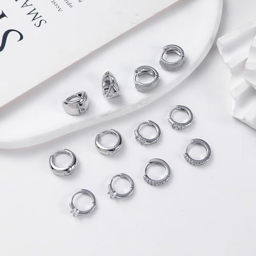 Wgoud Small Gold Hoop Earrings Set for Women, 6 Pairs 14K Gold Plated Hypoallergenic Lightweight Huggie Hoops Earrings, Trendy Cartilage Cubic Zirconia Earrings for Women Gifts. - color: F-Silver hoops