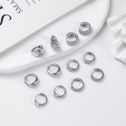 Wgoud Small Gold Hoop Earrings Set for Women, 6 Pairs 14K Gold Plated Hypoallergenic Lightweight Huggie Hoops Earrings, Trendy Cartilage Cubic Zirconia Earrings for Women Gifts. - color: F-Silver hoops