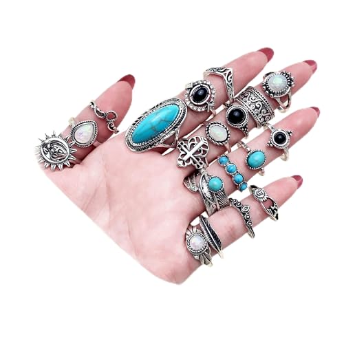 17IF Vintage Silver Knuckle Rings Set for Women Men, Chunky Boho Rings | Aesthetic Snake Grunge Stackable Gothic Ring Adjustable Y2K Punk Bulky Finger Alt of Rings, Stacking Flower Midi Ring Pack - style: 19