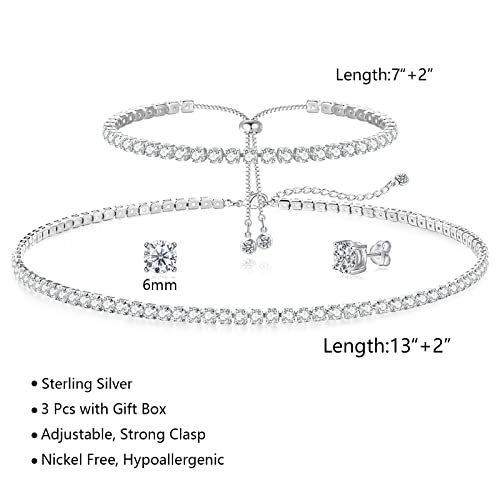 HAXIYA Tennis Necklace Bracelet for Women, Sterling Sliver Jewelry Set, Silver/Gold Chocker Necklace, Crystal Bracelet for Women, Wedding Jewelry for Bride, Sparkly Party Prom Hypoallergenic - color: Classic Set of 3 - Silver