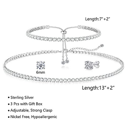 HAXIYA Tennis Necklace Bracelet for Women, Sterling Sliver Jewelry Set, Silver/Gold Chocker Necklace, Crystal Bracelet for Women, Wedding Jewelry for Bride, Sparkly Party Prom Hypoallergenic - color: Classic Set of 3 - Silver