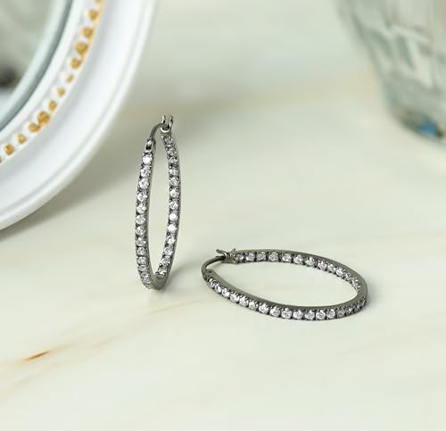 Hoops & Loops 925 Sterling Silver Cubic Zirconia Inside Out Oval Hoop Earrings for Women, 20mm 25mm 30mm - color: 20mm-Black