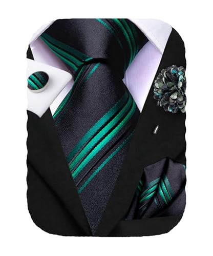 Hi-Tie Men's Silk Ties Formal Woven Classic Necktie Pocket Square Cufflinks Lapel Pin Set Wedding Business - color: A Black and Green