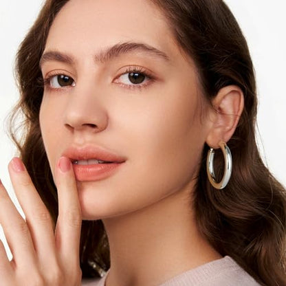 SHOWNII Chunky Gold Hoop Earrings - 14K Gold Plated Earrings for Women Hollow Tube Lightweight Thick Hoops 20/25/30/40mm Valentines Graduation Mother's Day Birthday Gifts - color: 40 Millimeters-White Gold Plated