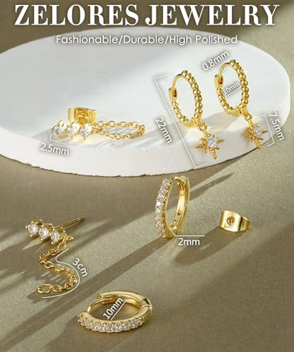 3 Pairs Dangle Hoop Chain Earrings Stacks for Women Trendy Huggie Earring | Non-Tarnish 5A CZ Stones Hoops Earrings Set for Multiple Piercing - style: 14K Gold Plated-Dangle Star Set