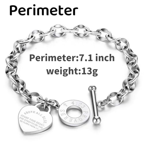 Heart Charm Bracelet Plated 18K Gold/Silver/Rose Gold Bible Scripture Heart Bracelet for Women Jewelry Gift Zircon Her Link Chain OT Clasp Stainless Steel Birthday - color: Silver, size: 7.1 inch