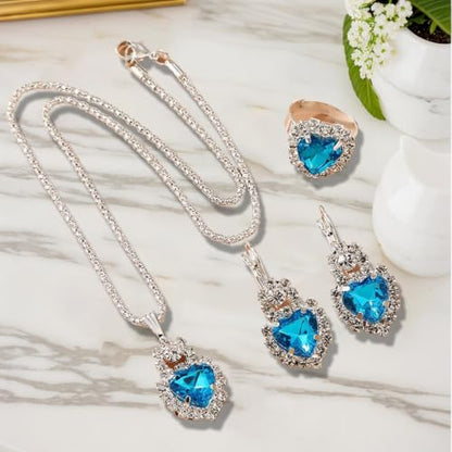 Jewelry Set for Women Love Heart Alloy Artificial Crystal Earrings Pendant Necklace Ring Wedding Party Prom Anniversary Birthday Engagement for Bridal Bridesmaid Girlfriend - color: blue Heart
