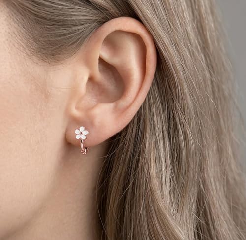 Reffeer Solid 925 Sterling Silver Flower Hoop Earrings Huggie for Women Teen Girls Daisy Hoop Earrings Cartilage Helix Earrings - color: C-Rose Color