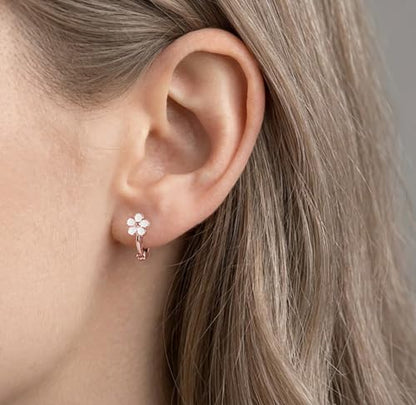 Reffeer Solid 925 Sterling Silver Flower Hoop Earrings Huggie for Women Teen Girls Daisy Hoop Earrings Cartilage Helix Earrings - color: C-Rose Color
