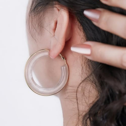 Chunky Gold Resin Hoop Earrings Leverback Statement Huggie Hoops Dangle Drop Dressy Earring Prom Festival Vacation Jewelry for Women - color: Pink, size: Hoop